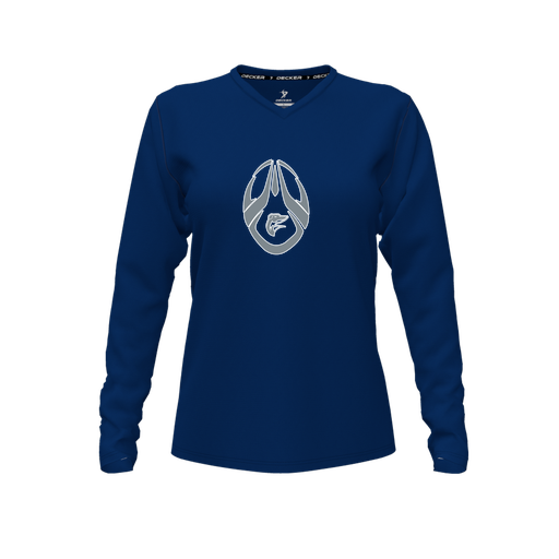 [CUS-DFW-TEES-CMF-VNK-LSL-NVY-FYXS-LOGO2] Comfort T-Shirt (Female Youth XS, Navy, V Neck, Logo 2, Long Sleeve)