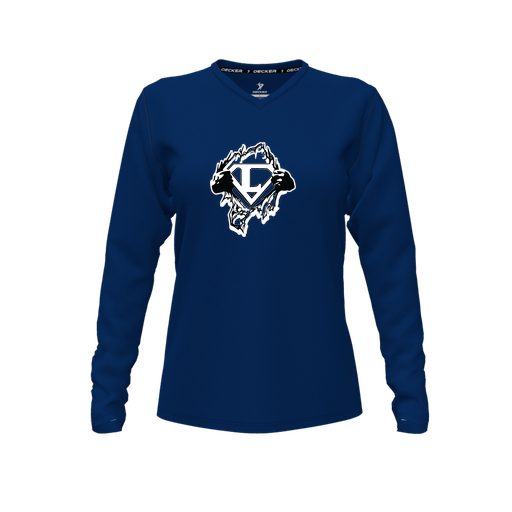 [CUS-DFW-TEES-CMF-VNK-LSL-NVY-FYXS-LOGO3] Comfort T-Shirt (Female Youth XS, Navy, V Neck, Logo 3, Long Sleeve)