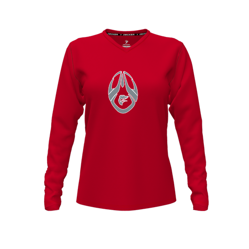 [CUS-DFW-TEES-CMF-VNK-LSL-RED-FYXS-LOGO2] Comfort T-Shirt (Female Youth XS, Red, V Neck, Logo 2, Long Sleeve)