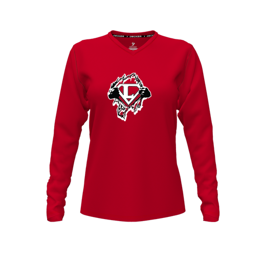 [CUS-DFW-TEES-CMF-VNK-LSL-RED-FYXS-LOGO3] Comfort T-Shirt (Female Youth XS, Red, V Neck, Logo 3, Long Sleeve)