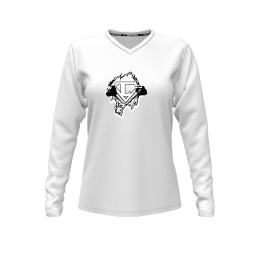 [CUS-DFW-TEES-PER-VNK-LSL-WHT-FYXS-LOGO3] Performance T-Shirt (Female Youth XS, White, V Neck, Logo 3, Long Sleeve)