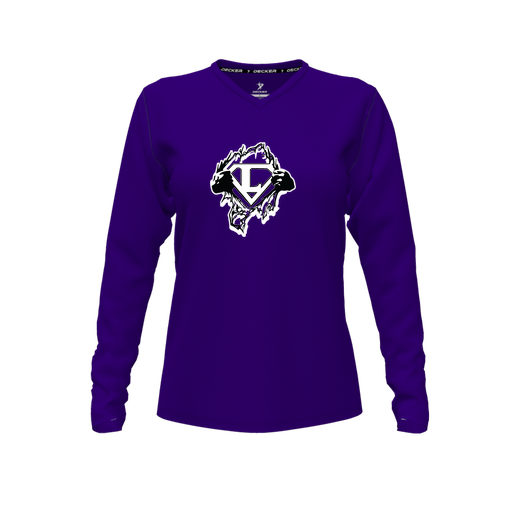 [CUS-DFW-TEES-PER-VNK-LSL-PUR-FYXS-LOGO3] Performance T-Shirt (Female Youth XS, Purple, V Neck, Logo 3, Long Sleeve)